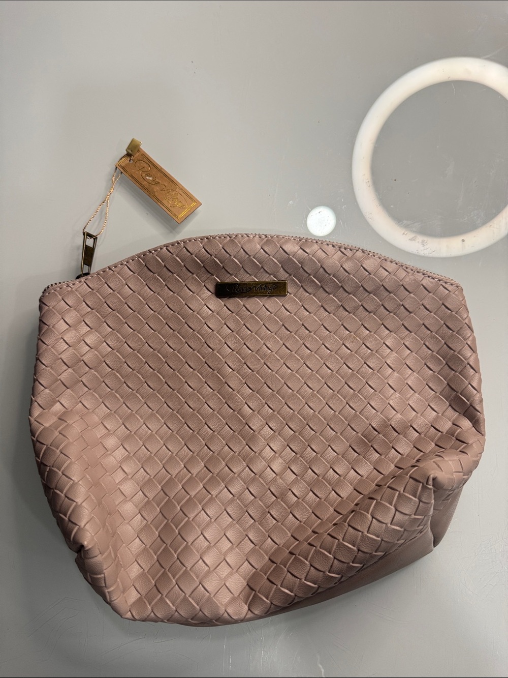 Woven Blush Cosmetic Pouch with Gold Accent